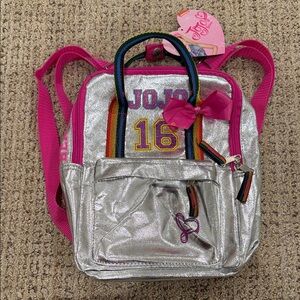 JoJo Siwa Silver Backpack with Pink Accents and Rainbow Straps